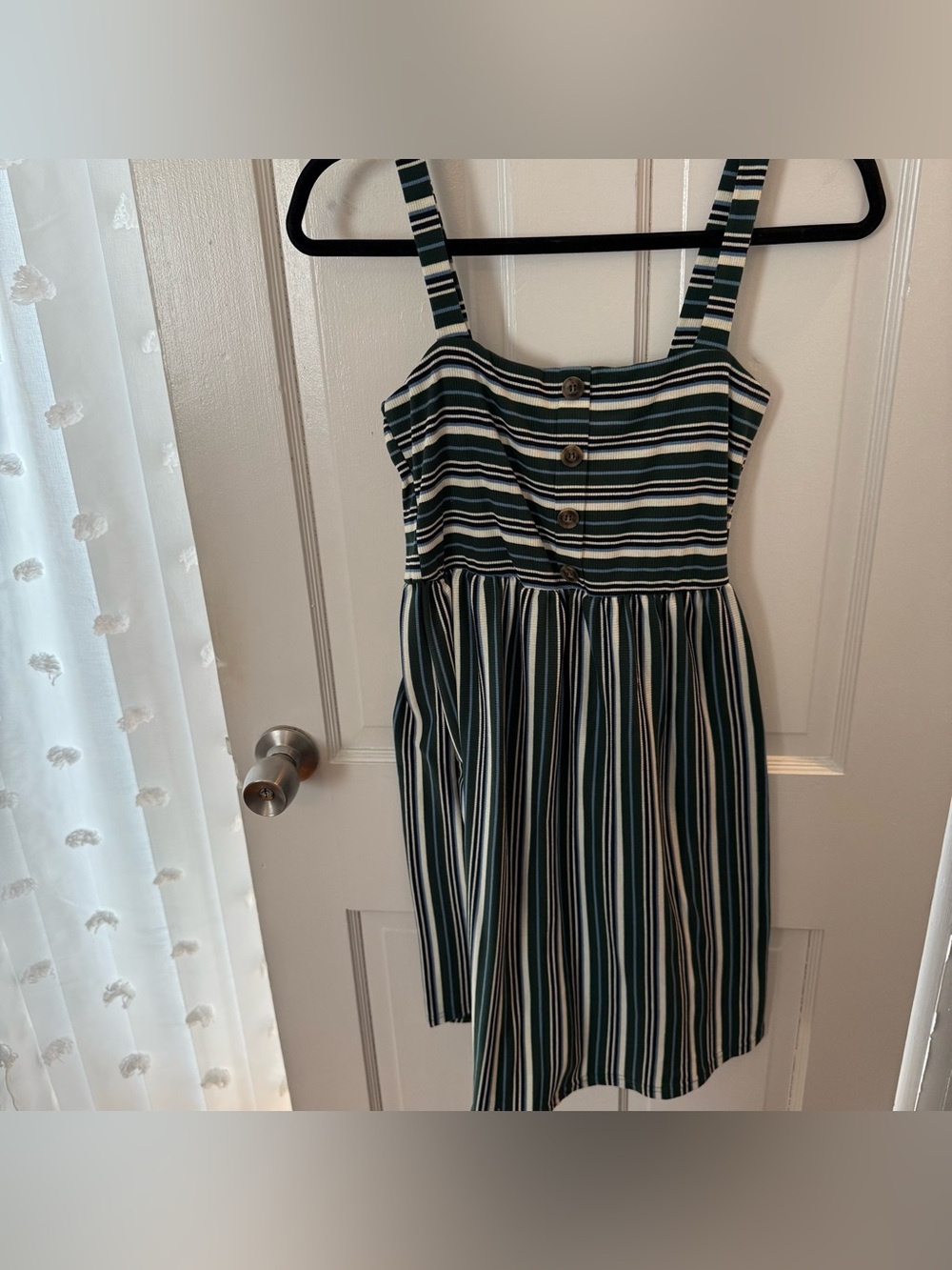 Green & White Striped Mini Dress with Button Front